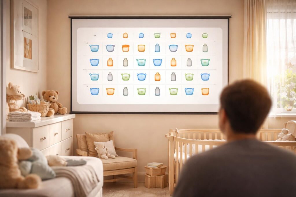 découvrez une routine complète pour bébé avec un planning des couches et repas, projeté clairement sur écran pour un suivi facile et organisé au quotidien.