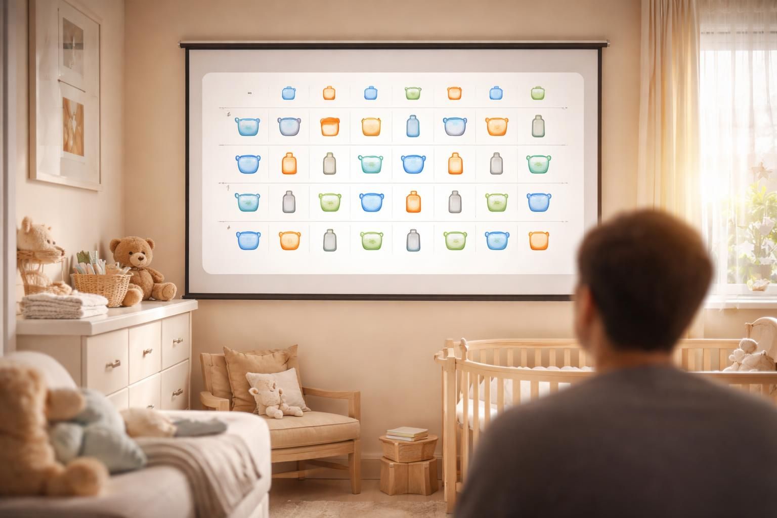 découvrez une routine complète pour bébé avec un planning des couches et repas, projeté clairement sur écran pour un suivi facile et organisé au quotidien.