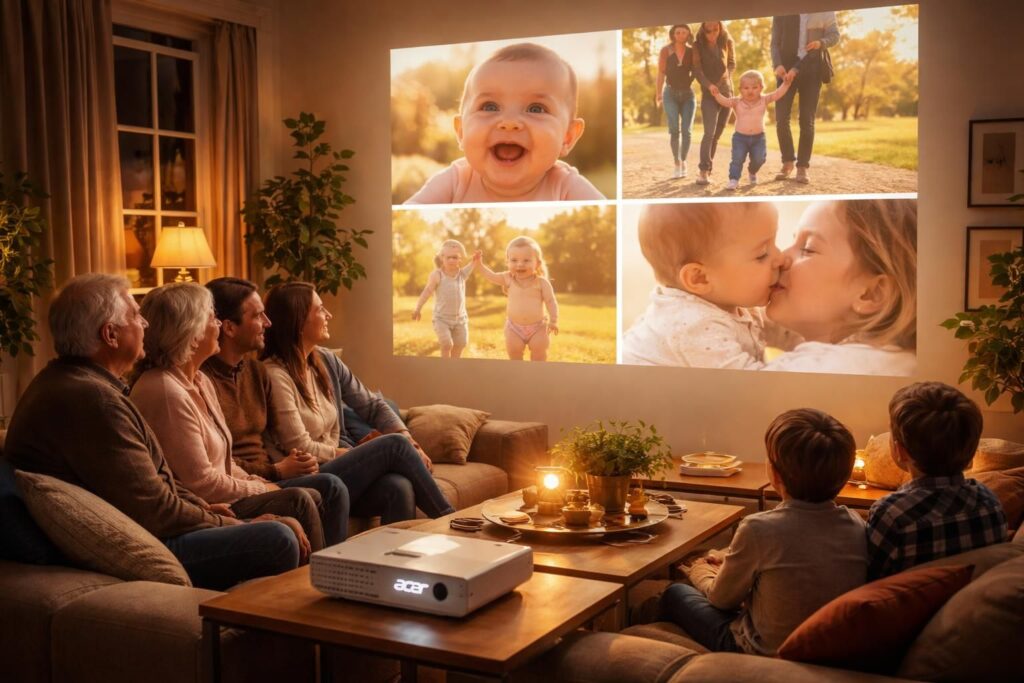 revivez les précieux souvenirs d’un bébé en famille grâce aux photos projetées avec le vidéoprojecteur acer, pour des moments de partage inoubliables.