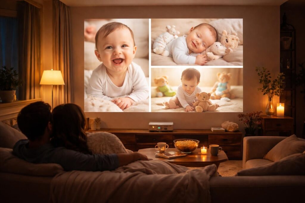 revivez les moments précieux de bébé avec des photos projetées en grand format grâce au vidéoprojecteur epson, pour des souvenirs inoubliables en famille.