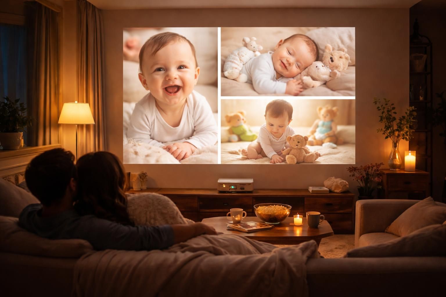 revivez les moments précieux de bébé avec des photos projetées en grand format grâce au vidéoprojecteur epson, pour des souvenirs inoubliables en famille.