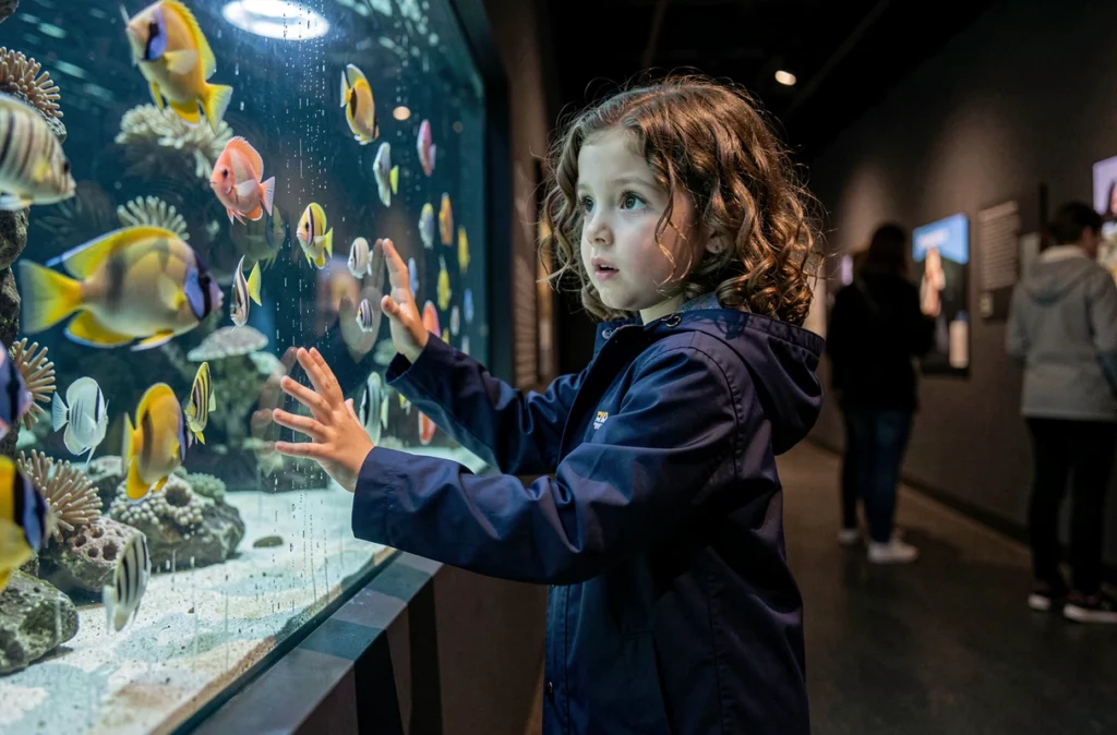 Jeune fille émerveillée devant un aquarium à Paris, sortie culturelle et loisirs pour enfants