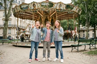 Groupe d'enfants souriants devant un carrousel dans un parc parisien, activité familiale à Paris