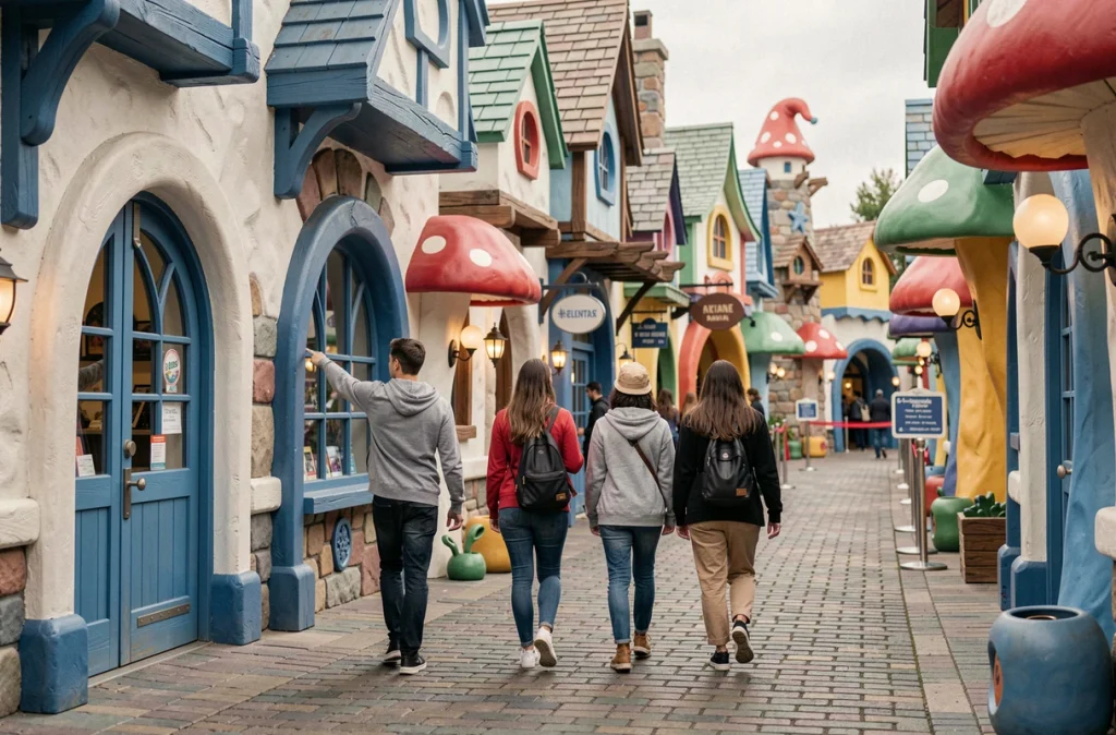 Allée thématique du Parc des Schtroumpfs avec décor architectural bleu et visiteurs se promenant