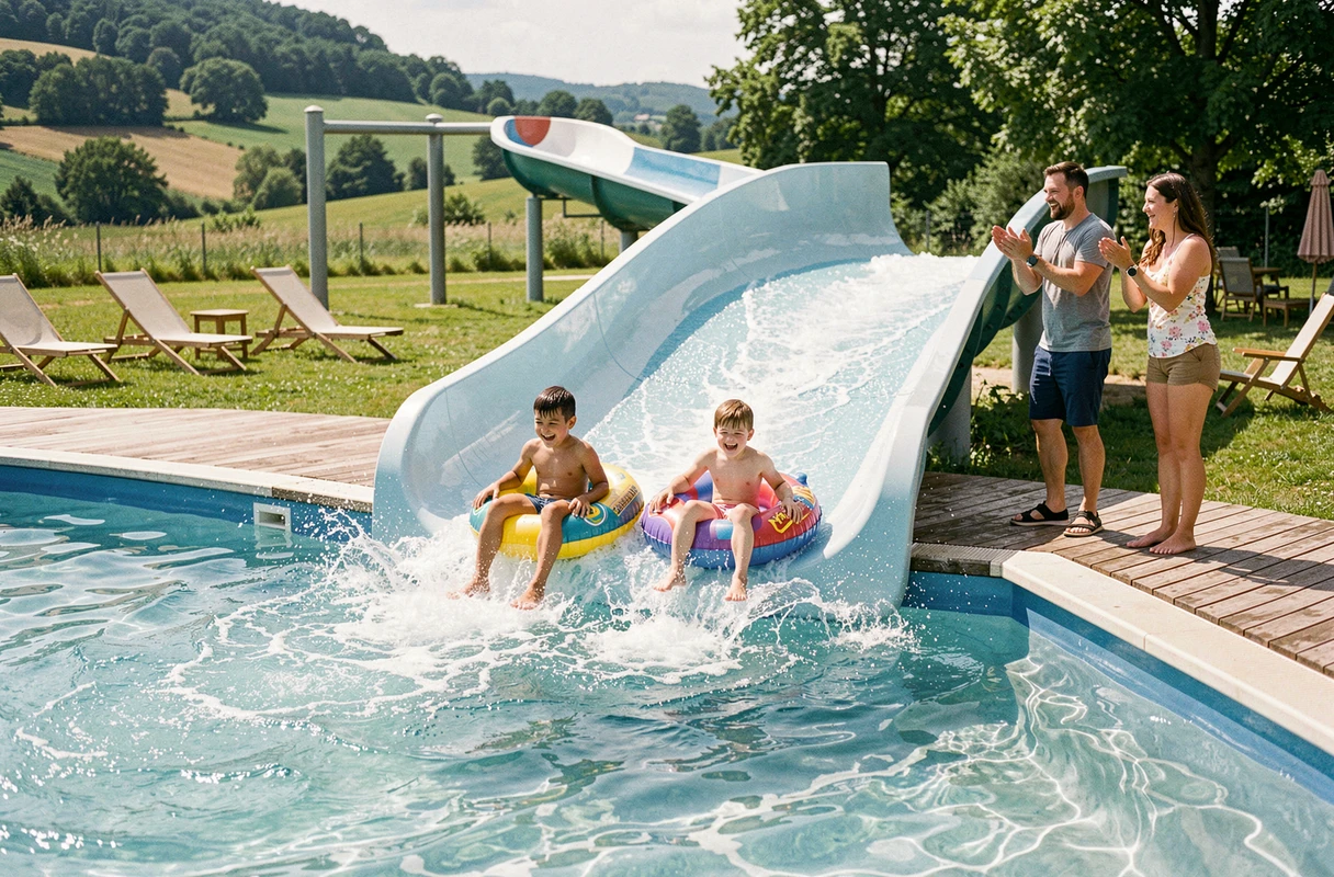 Enfants dévalant les toboggans et s'éclaboussant dans les bassins de l'Aquafunpark Laives en Saône-et-Loire