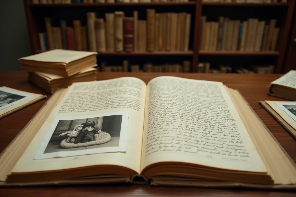 Documents d'archives familiaux et photographies anciennes étalés sur une table de bibliothèque, symbolisant la recherche généalogique autour des liens familiaux entre Manon Aubry et Jean-Luc Mélenchon