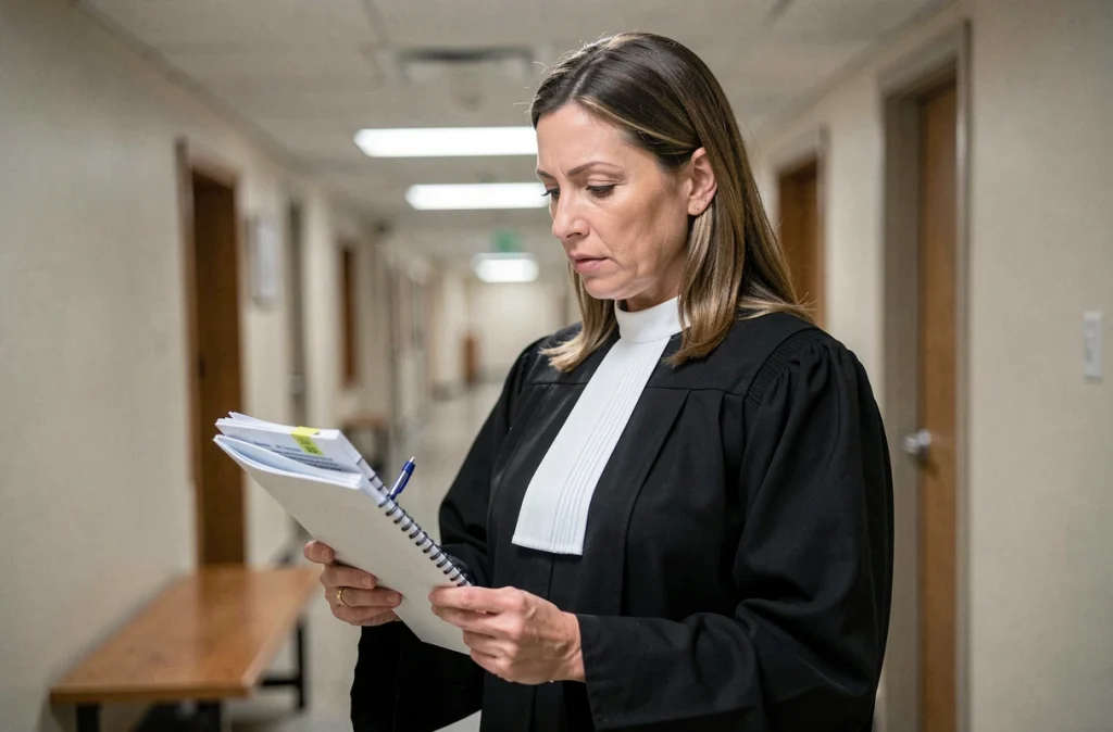 Avocate en robe noire consultant un dossier juridique dans le couloir d'un tribunal lors d'une audience concernant des mineurs