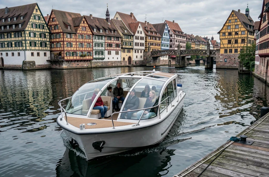 Famille à bord d'un bateau Batorama navigant sur l'Ill devant les maisons à colombages de la Petite France à Strasbourg