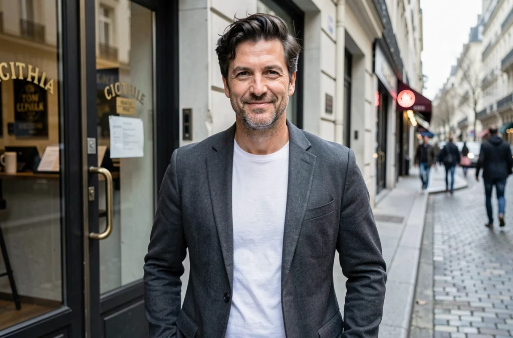 Portrait de Benjamin Biolay devant un studio d'enregistrement parisien, illustrant son parcours de musicien et compositeur reconnu en France