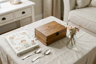 Coffret cadeau de baptême en bois gravé entouré de cadeaux symboliques comme une petite cuillère en argent et un livre illustré personnalisé