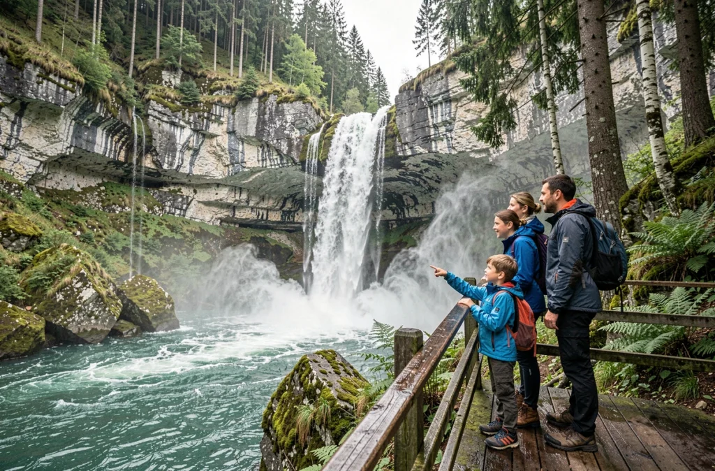 Famille découvrant les Cascades du Hérisson dans le Jura, avec une chute d'eau spectaculaire tombant dans un bassin turquoise