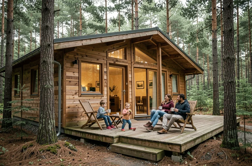 Famille se détendant devant leur cottage en bois entouré de forêt de pins à Center Parcs Les Trois Forêts en Moselle