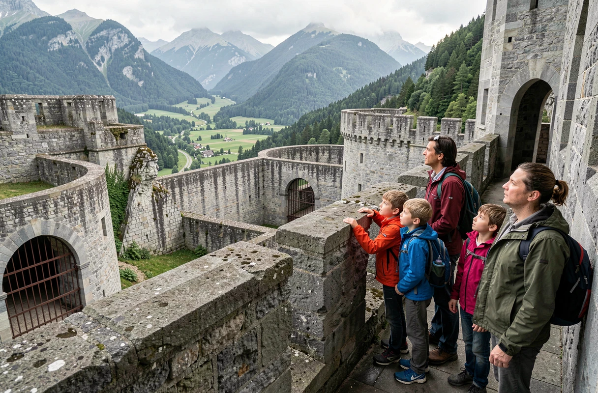 Famille explorant les remparts et meurtrières du Château de Joux avec le paysage du Doubs visible en arrière-plan