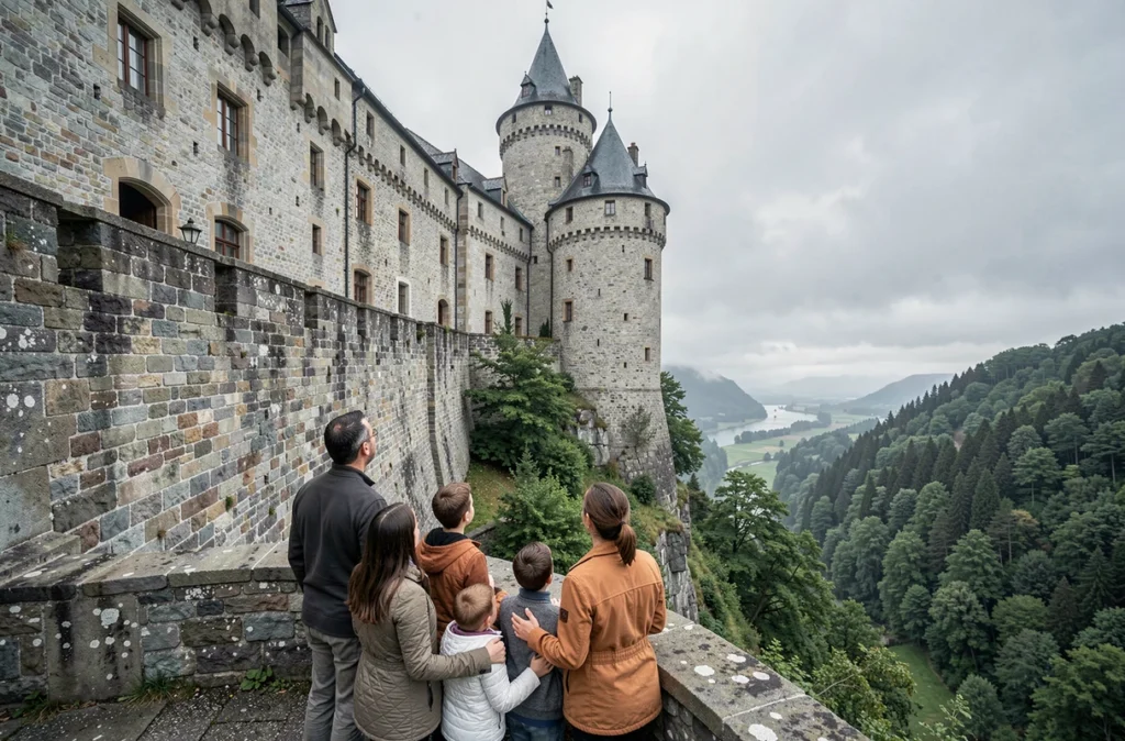 Famille admirant les imposants remparts du Château du Haut-Koenigsbourg surplombant la plaine alsacienne dans la brume