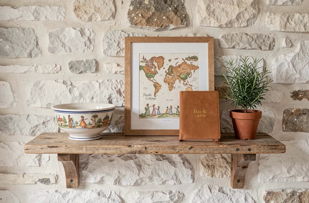 Étagère rustique avec une collection de cadeaux de baptême intemporels incluant un bol en céramique peint à la main et un journal en cuir personnalisé