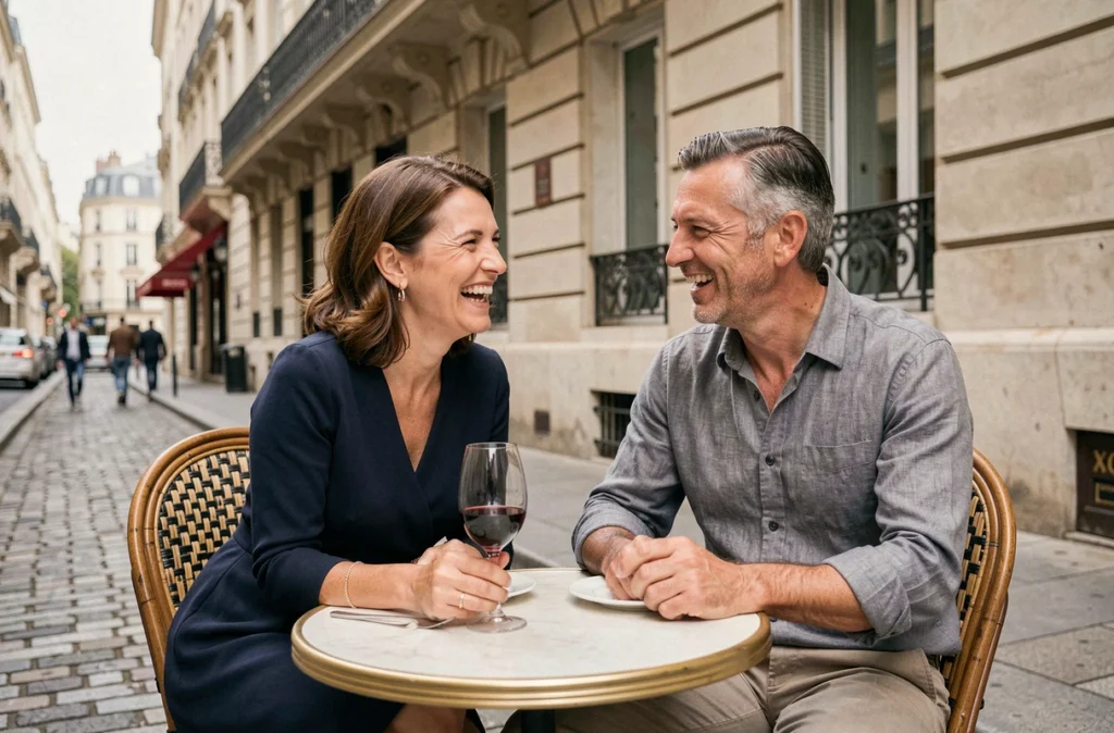 Couple français complice et amoureux riant ensemble en terrasse de bistro parisien