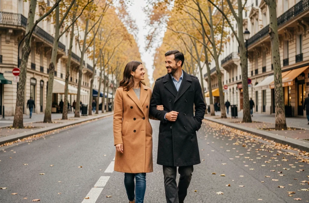 Couple marchant ensemble sur un boulevard parisien en automne, illustrant la complicité et la vie de couple d'une personnalité médiatique