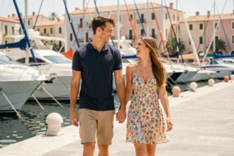 Jeune couple élégant se promenant main dans la main le long d'un port méditerranéen, ambiance lifestyle estivale