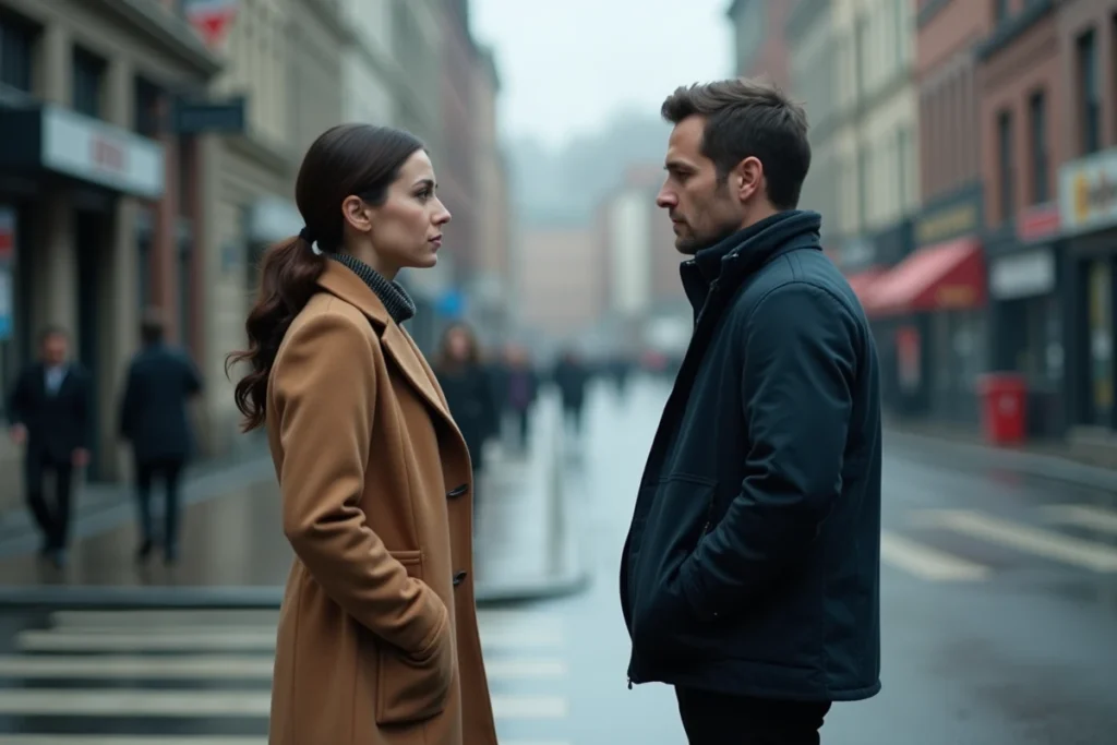 Couple dans la rue se regardant avec une expression tendue et ambiguë, symbolisant la complexité émotionnelle et la culpabilité d'une relation illégitime