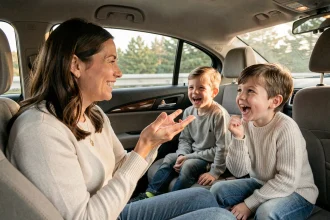 Mère jouant à des devinettes avec ses enfants pendant un trajet en voiture