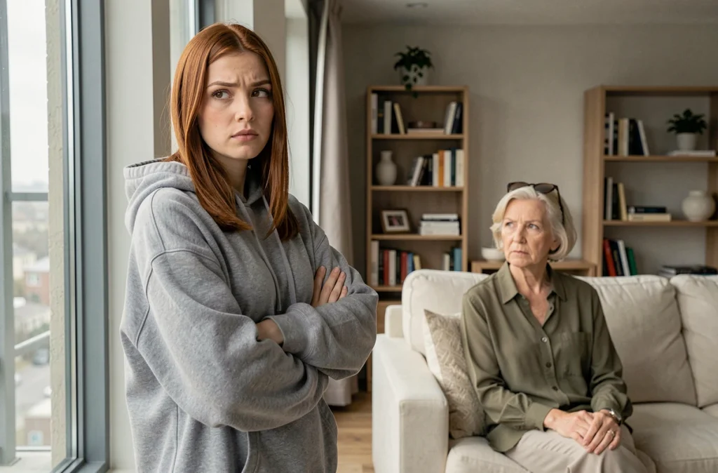 Fille adulte de dos avec les bras croisés et mère en arrière-plan dans un salon moderne, distance émotionnelle entre elles