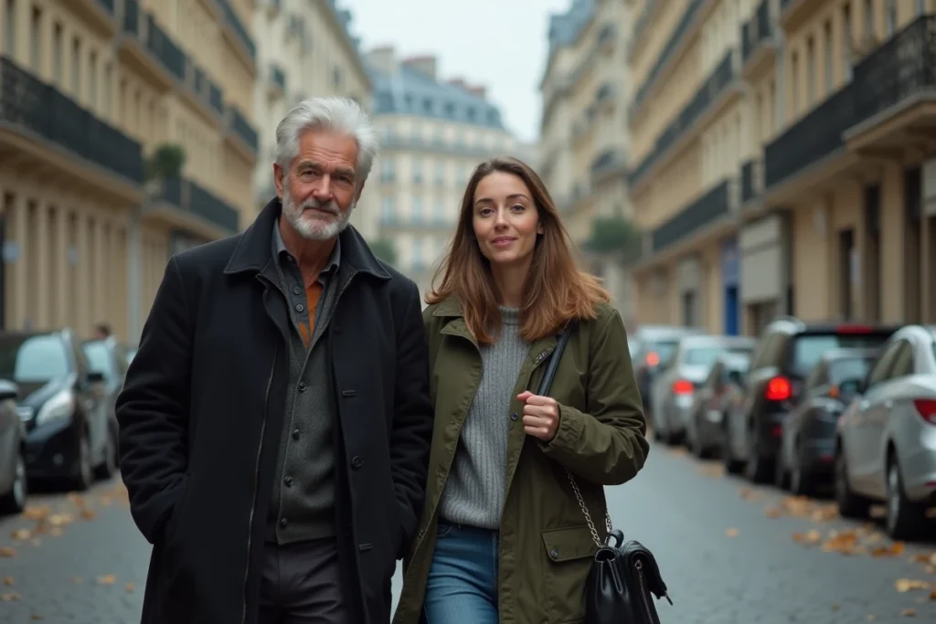 Homme âgé aux cheveux gris et jeune femme marchant côte à côte dans une rue parisienne haussmannienne, illustrant la relation intergénérationnelle évoquée dans les archives familiales de Manon Aubry et Mélenchon