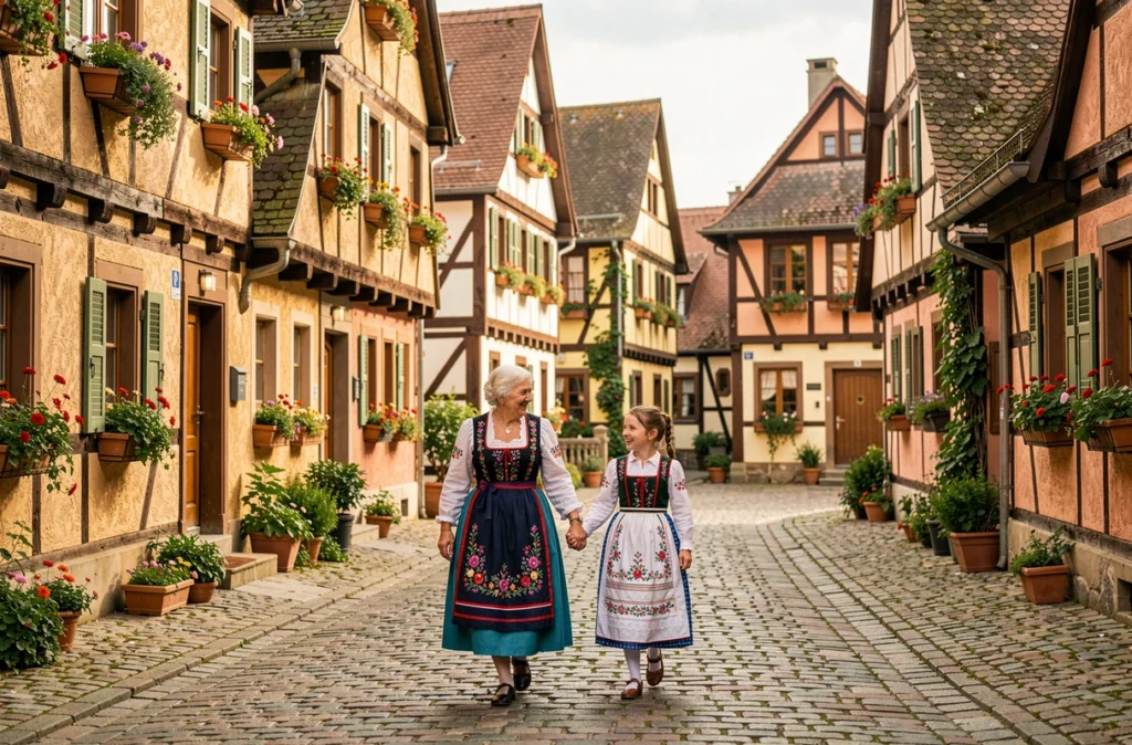 Grand-mère et petits-enfants en costume alsacien traditionnel se promenant dans le village reconstitué de l'Écomusée d'Alsace à Ungersheim