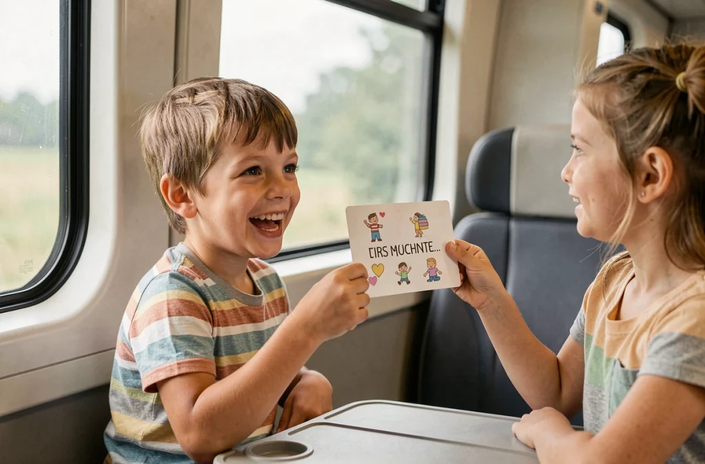 Enfant proposant une devinette à sa sœur dans un train en voyage