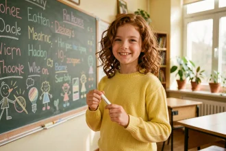 Jeune fille souriante devant un tableau scolaire rempli de mots encourageants, illustrant l'estime de soi chez les enfants
