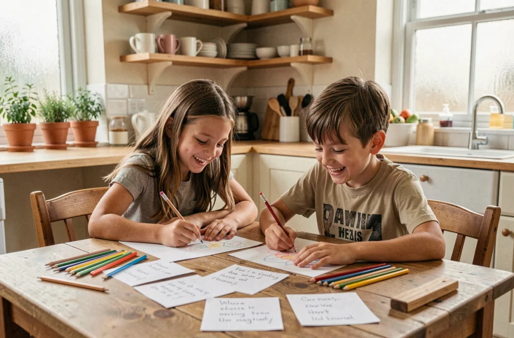 Deux enfants créant des affirmations positives ensemble à une table de cuisine, symbolisant la bienveillance et l'estime de soi