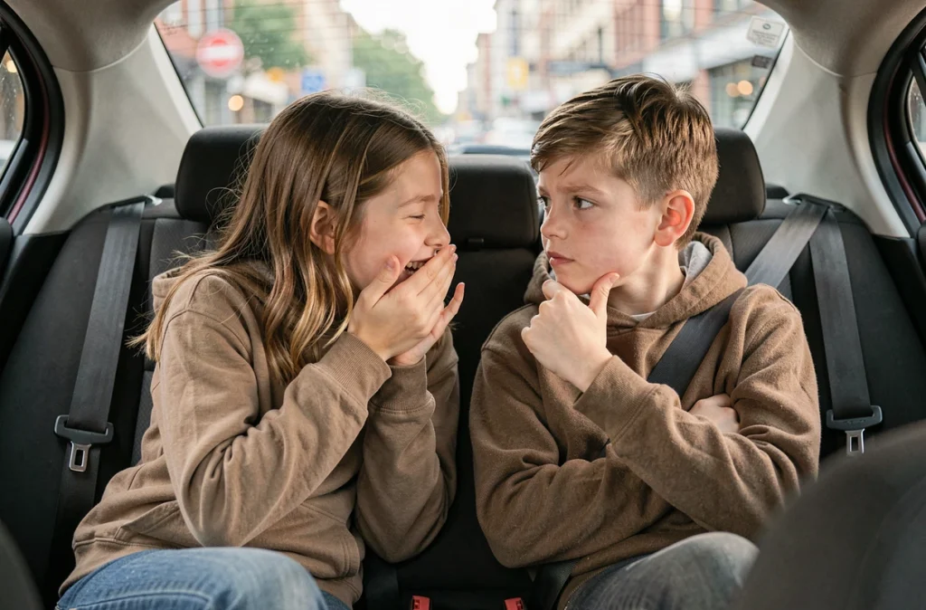 Deux enfants complices jouant à des devinettes ensemble dans la voiture en trajet