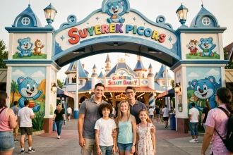 Famille devant l'entrée du Parc des Schtroumpfs en France avec décoration bleue et personnages animés