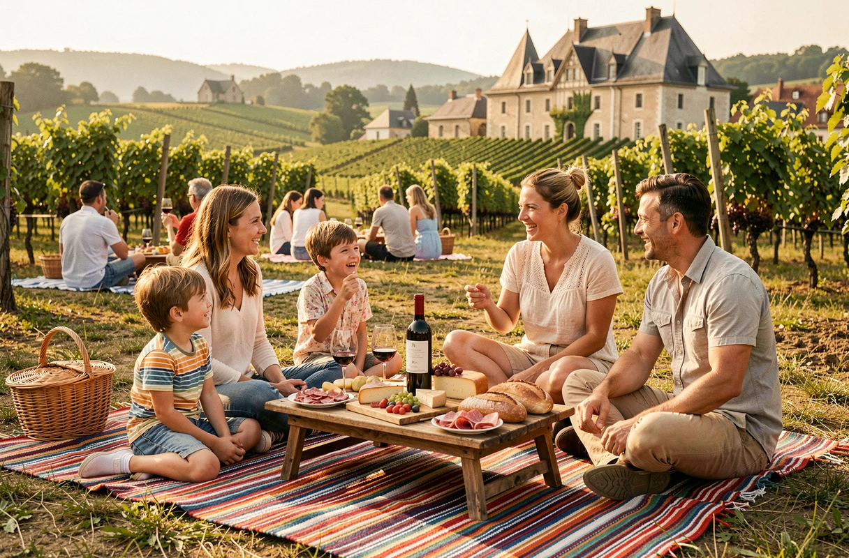 Famille savourant un pique-nique gastronomique régional lors d'un Fantastic Picnic de Bourgogne-Franche-Comté dans un cadre de vignoble