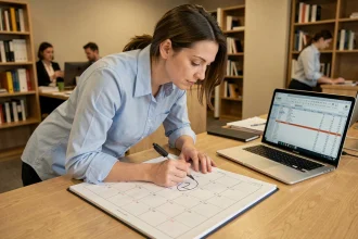 Femme au bureau consultant un calendrier papier pour planifier les semaines paires et impaires de travail en 2026