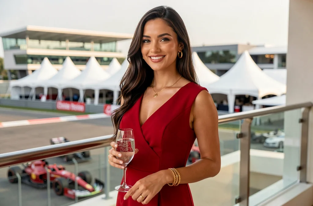 Jeune femme élégante en robe rouge sur la terrasse d'un paddock de Formule 1, ambiance glamour et sportive