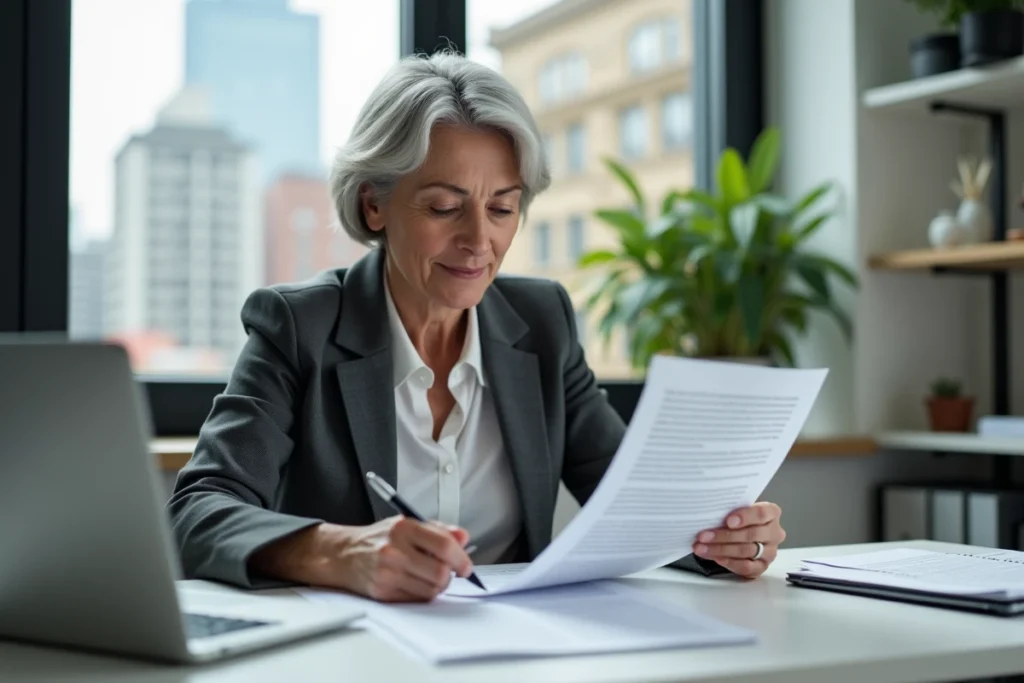 Femme lisant attentivement un contrat juridique relatif à l'apport de biens en société par un époux