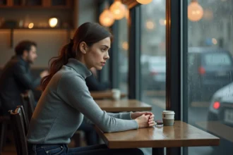 Femme seule dans un café regardant par la fenêtre avec une expression pensive, illustrant la culpabilité et le conflit intérieur dans une relation illégitime