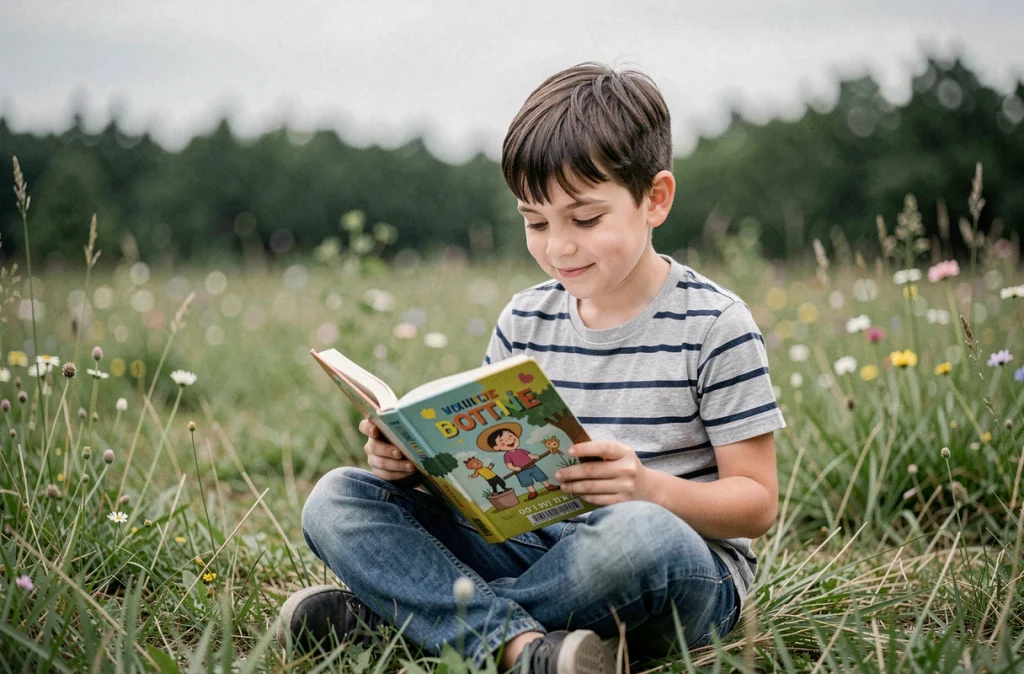 Garçon lisant un livre en plein air dans une prairie, représentant la curiosité et la confiance en soi chez l'enfant
