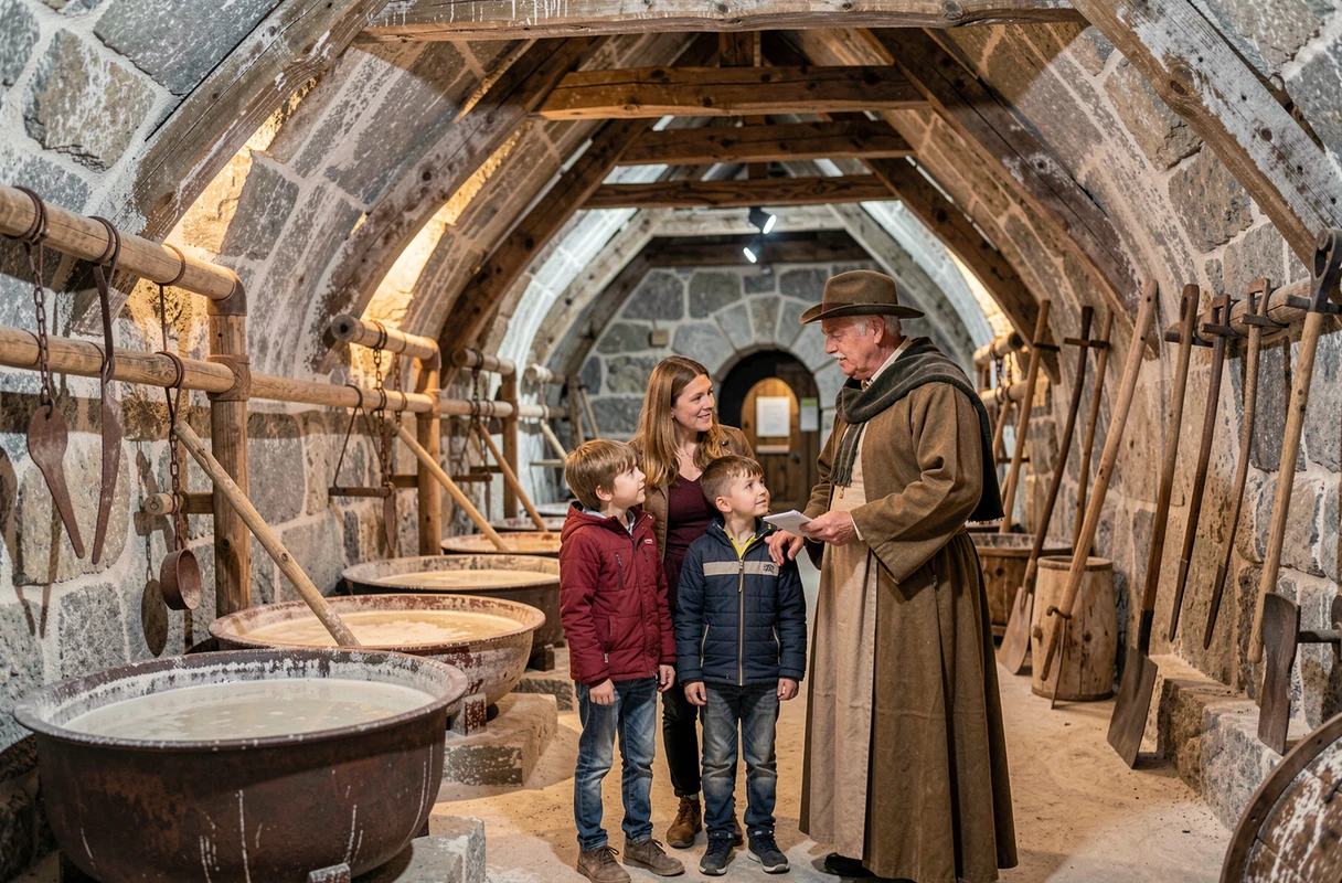 Famille visitant les galeries souterraines de la Grande Saline de Salins-les-Bains avec ses équipements historiques de production de sel