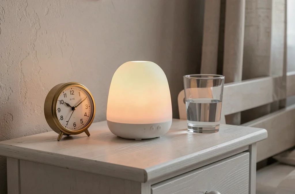 Gros plan éditorial d'une veilleuse connectée moderne posée sur une table de chevet en bois avec un réveil analogique affichant 2h15 du matin