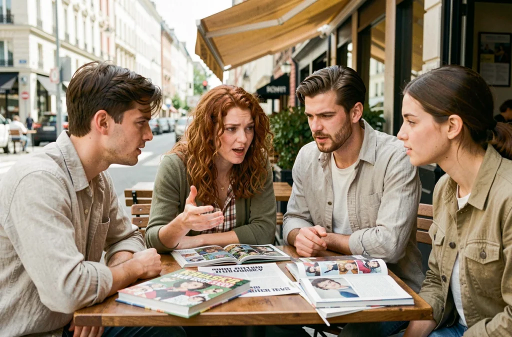 Groupe de fans de One Piece discutant en terrasse de café des mystères entourant le frère de Shanks
