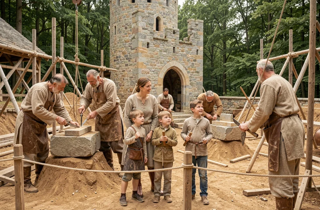 Famille observant des artisans utilisant des techniques médiévales sur le chantier de construction du château de Guédelon en Bourgogne
