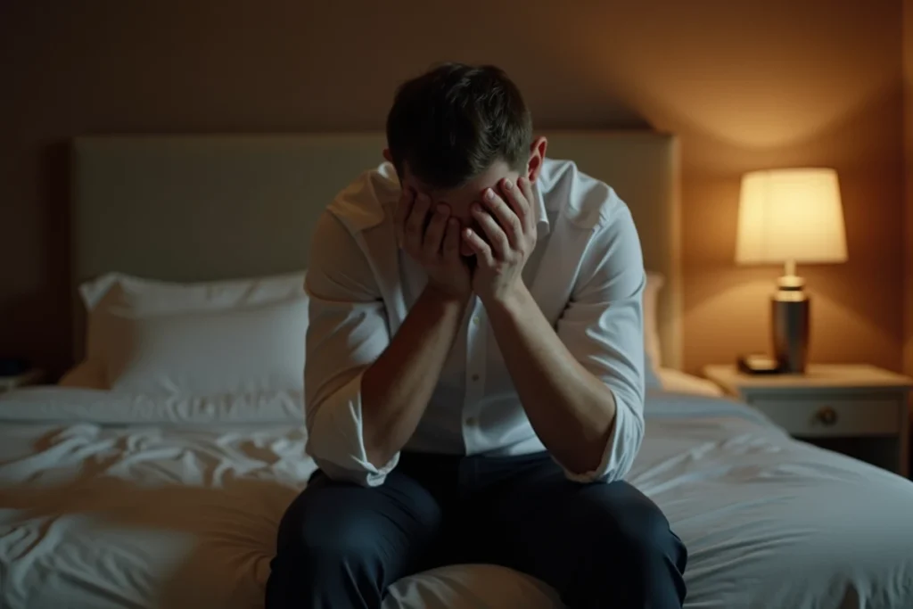 Homme en chemise assis au bord d'un lit d'hôtel la tête entre les mains, exprimant la honte et la culpabilité liées à une relation adultère