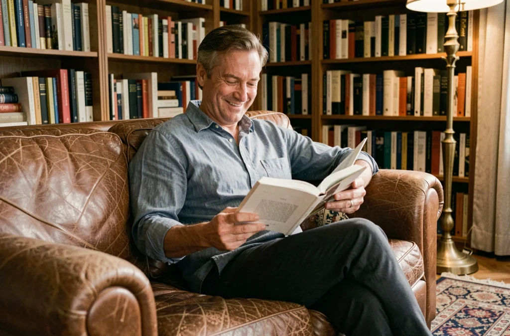 Homme mature souriant dans un salon parisien lisant un livre sur l'amour et les relations