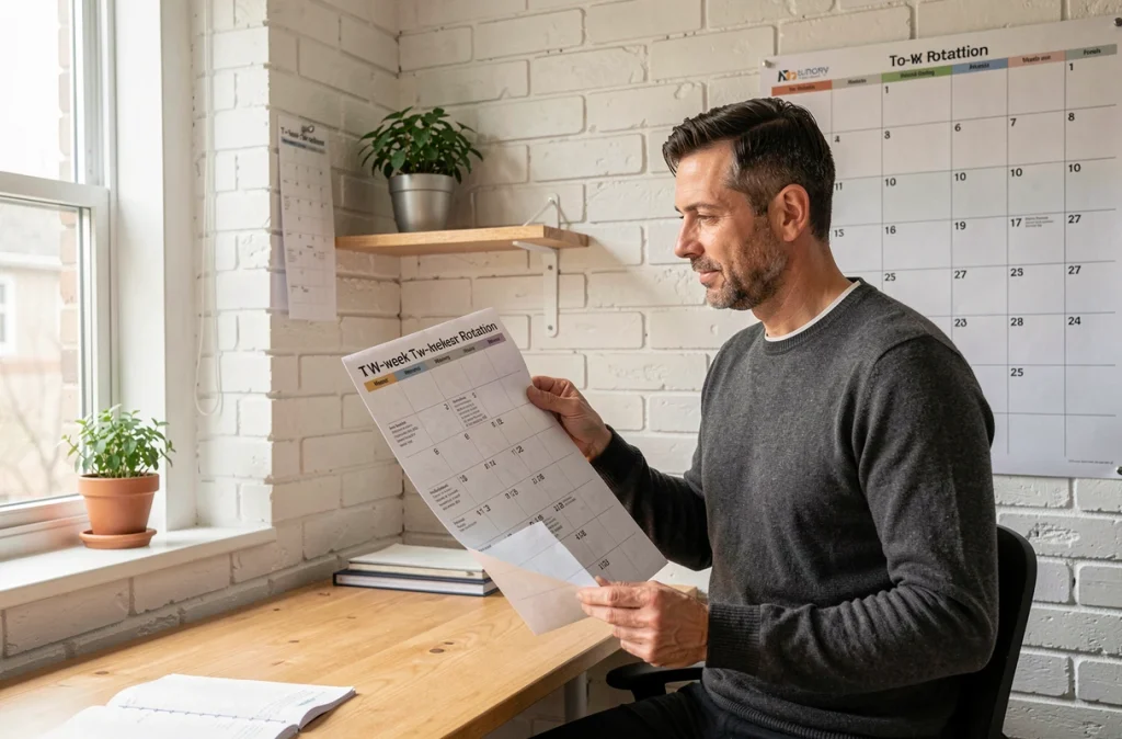 Homme en télétravail planifiant son calendrier 2026 avec un planning de semaines alternées affiché au mur