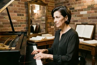 Chanteuse française Jeanne Cherhal assise au piano dans une salle backstage intimiste, évoquant son univers artistique et sa vie sous les projecteurs