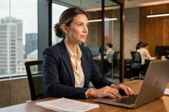 Journaliste femme assise dans une rédaction moderne, posture professionnelle et regard déterminé, illustrant une carrière dans les médias