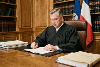 Juge des enfants assis à son bureau dans une salle d'audience formelle, examinant des documents juridiques lors d'une audience en chambre du conseil