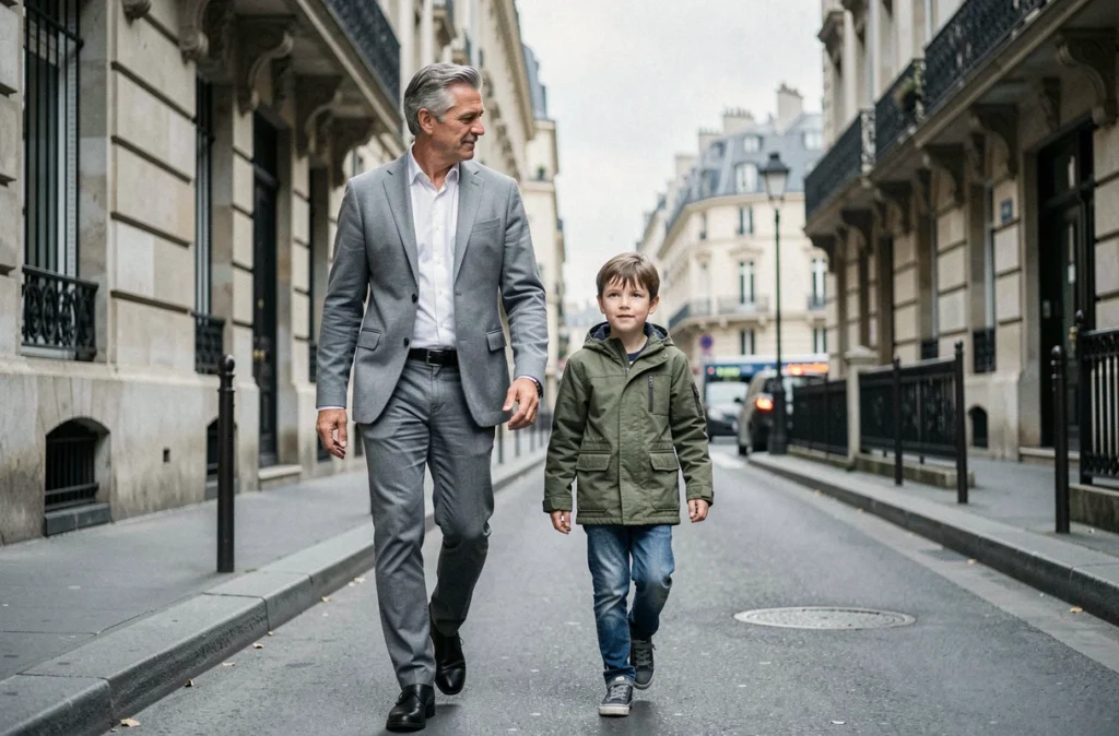 Julian Bugier se promenant avec son fils dans les rues de Paris, ambiance urbaine authentique et complice