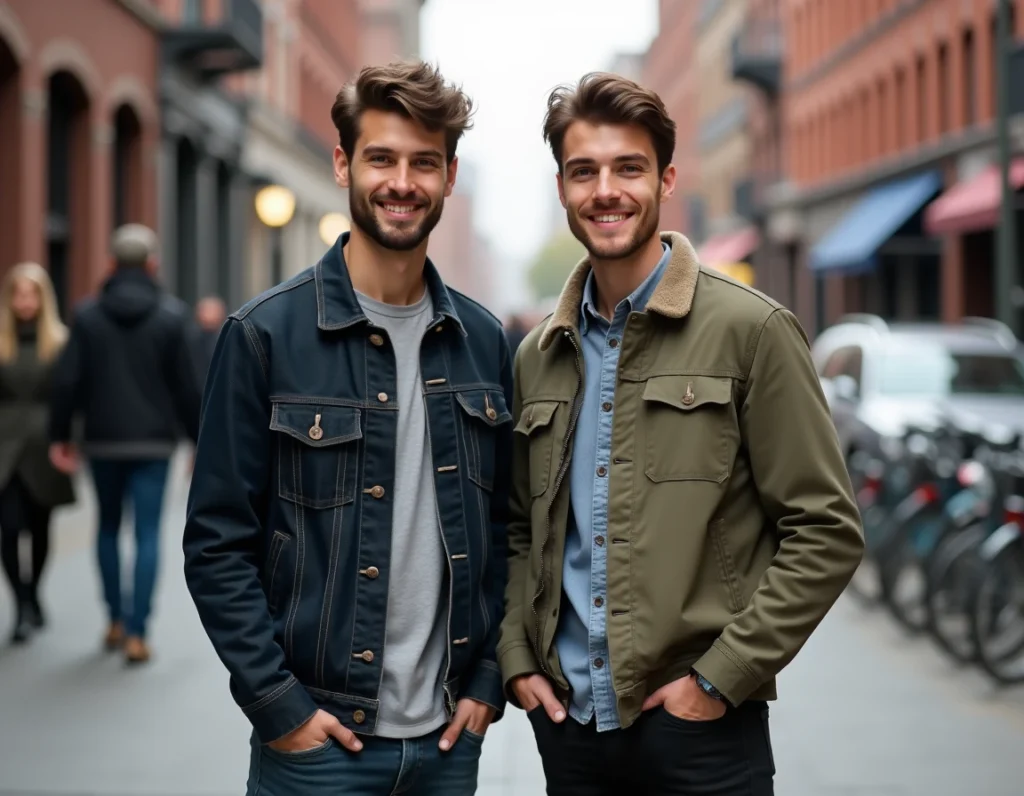 Deux frères jumeaux fraternels dans un environnement urbain, montrant les ressemblances et différences génétiques entre jumeaux
